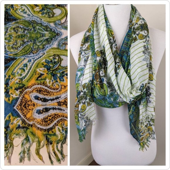 Vtg 70s Blue Green Yellow Boho Scarf with Fringe | Hippie Abstract Paisley Wrap - Picture 2 of 4